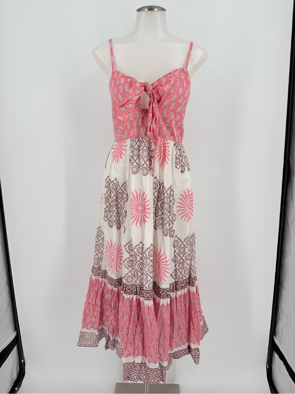 Pink and White Midi Sunburst Tie-Front Dress